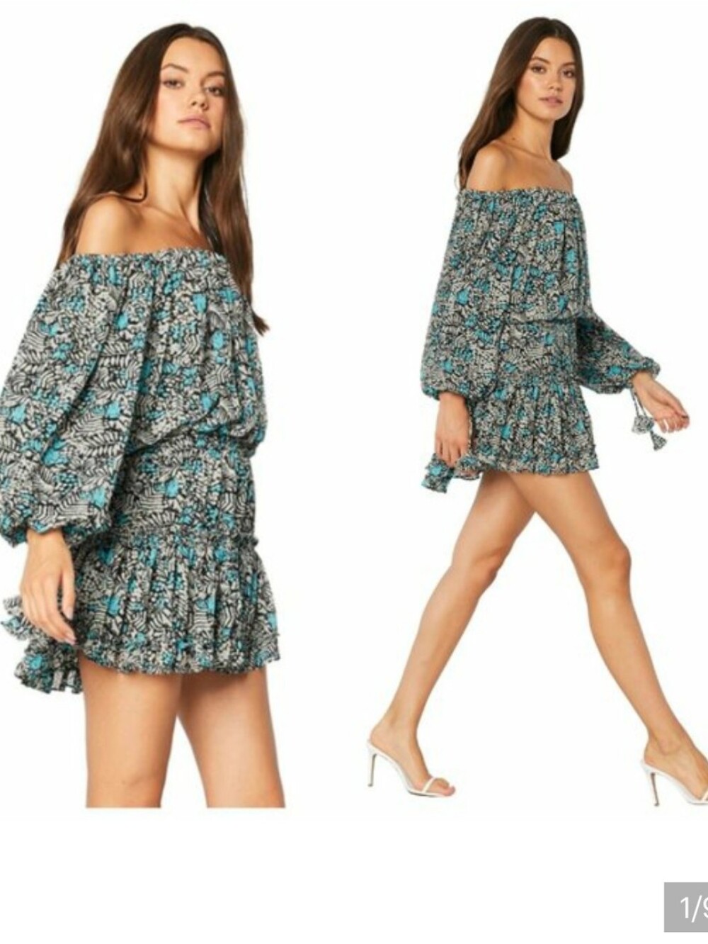 Misa Los Angeles Zonia Blue Floral Off Shoulder Ruffle Mini Dress Size Medium